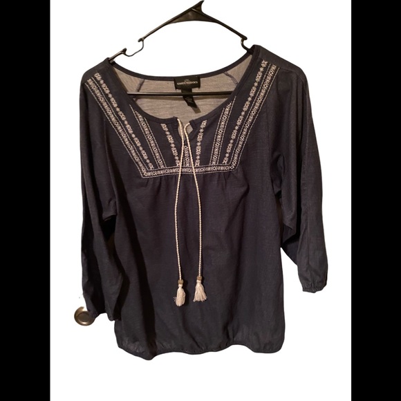 Denim colored long sleeved top with white tassels and embroidery. Size medium. - Picture 1 of 3